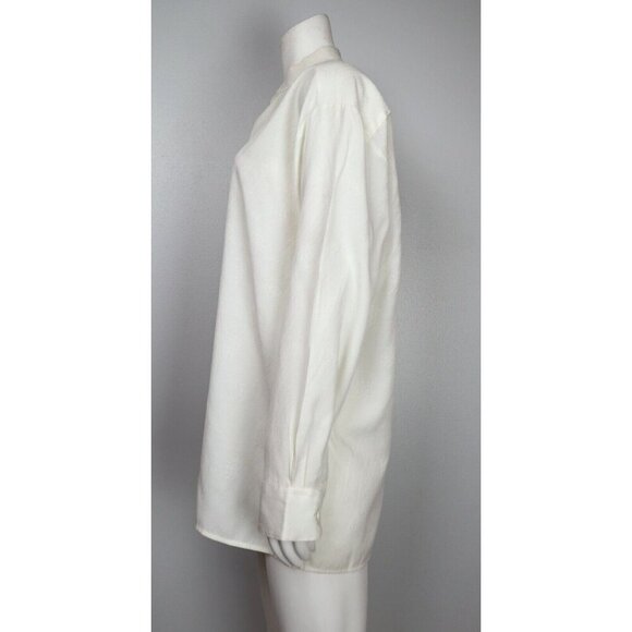 WOMEN'S IVORY WHITE SILKY TEXTURED BUTTON-UP BLOUSE - SIZE M - COLLAR-LESS - Picture 6 of 9